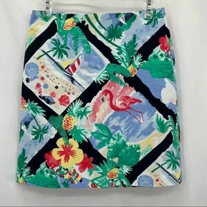 Talbots Petite Women’s Tropical Skirt 2P Blue Green Flamingo Unlined Zipper